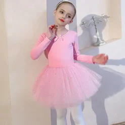 Kids' Dancewear Ballet Dress Bowknot Lace Solid Girls' Training Performance Long Sleeve High Cotton Blend Tulle