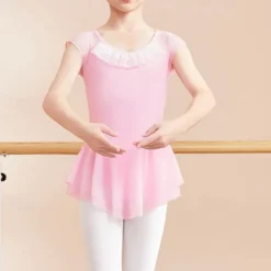 Kids' Dancewear Ballet Dress Ruffles Pure Color Splicing Girls' Performance Training Short Sleeve High Cotton Blend