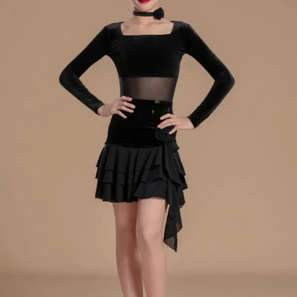 Kids' Dancewear Skirts Splicing Girls' Performance Daily Wear Long Sleeve High Mesh Velvet