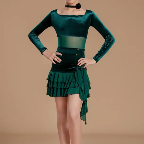 Kids' Dancewear Skirts Splicing Girls' Performance Daily Wear Long Sleeve High Mesh Velvet