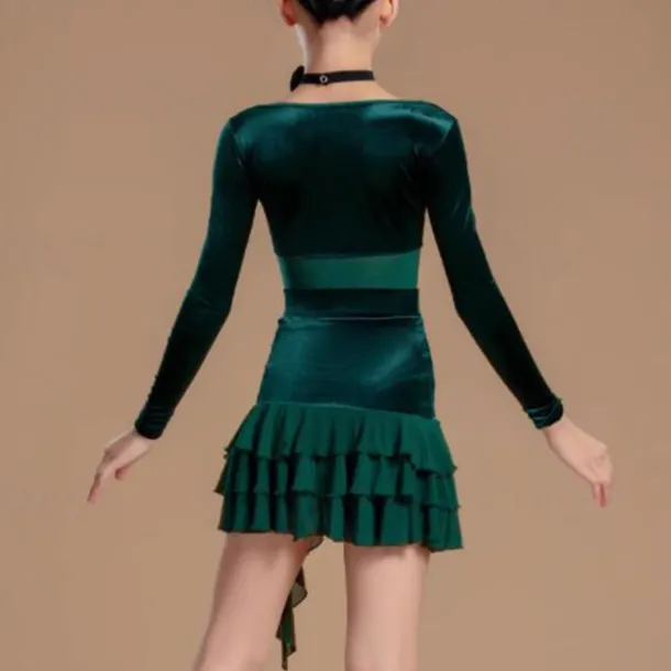 Kids' Dancewear Skirts Splicing Girls' Performance Daily Wear Long Sleeve High Mesh Velvet