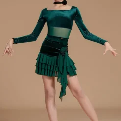 Kids' Dancewear Skirts Splicing Girls' Performance Daily Wear Long Sleeve High Mesh Velvet