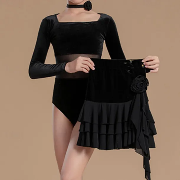 Kids' Dancewear Skirts Splicing Girls' Performance Daily Wear Long Sleeve High Mesh Velvet