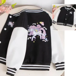 Kids Girls' Baseball Jacket Unicorn Active Button School Coat Outerwear 3-12 Years Fall Black Pink Blue