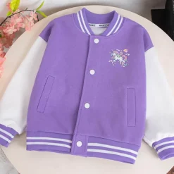 Kids Girls' Baseball Jacket Unicorn Active Button School Coat Outerwear 3-12 Years Fall Black Pink Blue