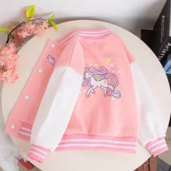 Kids Girls' Baseball Jacket Unicorn Active Button School Coat Outerwear 3-12 Years Fall Black Pink Blue
