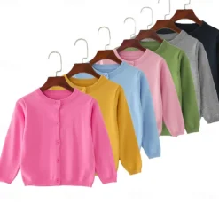 Kids Girls' Cardigan Solid Color School Long Sleeve Active Cotton 7-13 Years Spring Water Blue turmeric Dark powder
