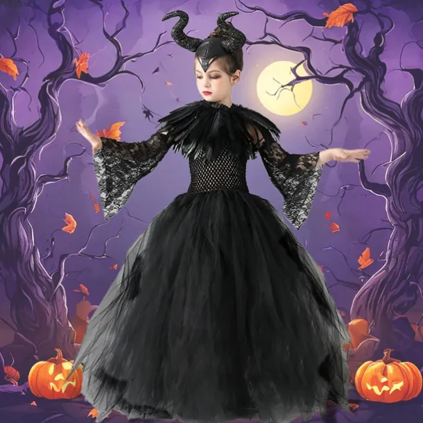 Kids Girls' Cosplay Dress Cosplay Custome Party Dress Solid Color Long Sleeve Performance Party Halloween Party Mesh Gothic Halloween Custome Polyester Maxi Party Dress Swing Dress Tulle Dress Summer