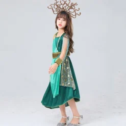 Kids Girls' Cosplay Dress Party Dress Color Block Short Sleeve Performance Halloween Party Patchwork Beautiful Sweet Polyester Maxi Party Dress A Line Dress Summer 4 years+ Green