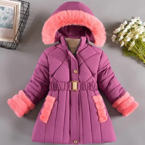 Kids Girls' Down Coat Solid Color Fashion Fur Trim School Coat Outerwear 4-12 Years Fall Black Pink Purple