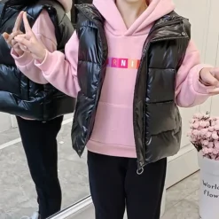 Kids Girls' Down Jacket Vest Coat Puffer Jacket Long Sleeve Black Silver Champagne Kids Puffer Jacket Solid Color Fall Winter Fashion School 7-13 Years