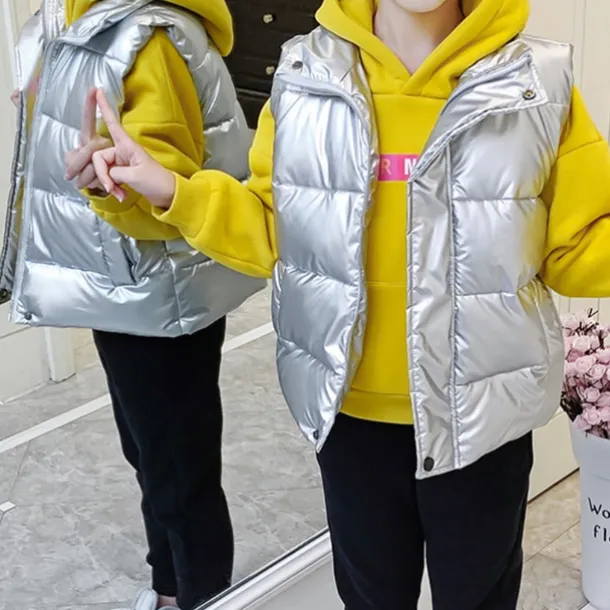 Kids Girls' Down Jacket Vest Coat Puffer Jacket Long Sleeve Black Silver Champagne Kids Puffer Jacket Solid Color Fall Winter Fashion School 7-13 Years