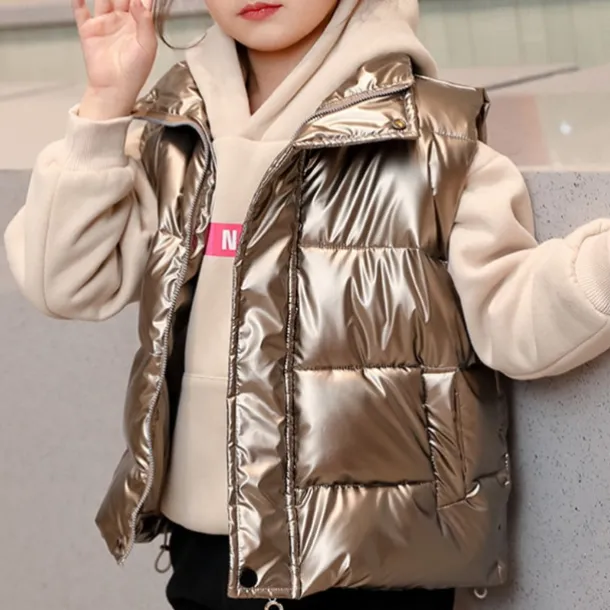 Kids Girls' Down Jacket Vest Coat Puffer Jacket Long Sleeve Black Silver Champagne Kids Puffer Jacket Solid Color Fall Winter Fashion School 7-13 Years