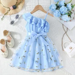 Kids Girls' Dress Floral Dress Flower Sleeveless Outdoor Casual Ruffle Tie Knot Fashion Daily Polyester Knee-length Casual Dress A Line Dress Summer 4 years+ Pink Wine Navy Blue