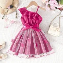 Kids Girls' Dress Floral Dress Flower Sleeveless Outdoor Casual Ruffle Tie Knot Fashion Daily Polyester Knee-length Casual Dress A Line Dress Summer 4 years+ Pink Wine Navy Blue