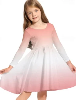 Kids Girls' Dress Graphic Rainbow Long Sleeve Daily Holiday Vacation Print Cute Casual Sweet Polyester Above Knee Swing Dress A Line Dress Spring Fall 3-10 Years Pink Blue Rainbow