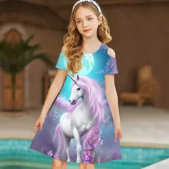 Kids Girls' Dress Graphic Animal Unicorn Short Sleeve Outdoor Casual Hollow Out Fashion Cute Daily Polyester Above Knee Casual Dress A Line Dress Summer Spring 3-12 Years Multicolor Black Pink