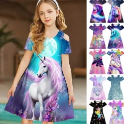 Kids Girls' Dress Graphic Animal Unicorn Short Sleeve Outdoor Casual Hollow Out Fashion Cute Daily Polyester Above Knee Casual Dress A Line Dress Summer Spring 3-12 Years Multicolor Black Pink