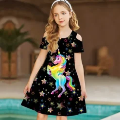 Kids Girls' Dress Graphic Animal Unicorn Short Sleeve Outdoor Casual Hollow Out Fashion Cute Daily Polyester Above Knee Casual Dress A Line Dress Summer Spring 3-12 Years Multicolor Black Pink