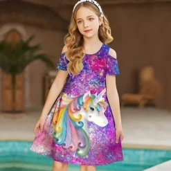 Kids Girls' Dress Graphic Animal Unicorn Short Sleeve Outdoor Casual Hollow Out Fashion Cute Daily Polyester Above Knee Casual Dress A Line Dress Summer Spring 3-12 Years Multicolor Black Pink