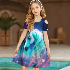 Kids Girls' Dress Graphic Animal Unicorn Short Sleeve Outdoor Casual Hollow Out Fashion Cute Daily Polyester Above Knee Casual Dress A Line Dress Summer Spring 3-12 Years Multicolor Black Pink