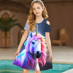 Kids Girls' Dress Graphic Animal Unicorn Short Sleeve Outdoor Casual Hollow Out Fashion Cute Daily Polyester Above Knee Casual Dress A Line Dress Summer Spring 3-12 Years Multicolor Black Pink