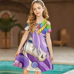 Kids Girls' Dress Graphic Animal Unicorn Short Sleeve Outdoor Casual Hollow Out Fashion Cute Daily Polyester Above Knee Casual Dress A Line Dress Summer Spring 3-12 Years Multicolor Black Pink