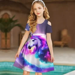 Kids Girls' Dress Graphic Animal Unicorn Short Sleeve Outdoor Casual Hollow Out Fashion Cute Daily Polyester Above Knee Casual Dress A Line Dress Summer Spring 3-12 Years Multicolor Black Pink