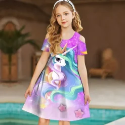 Kids Girls' Dress Graphic Animal Unicorn Short Sleeve Outdoor Casual Hollow Out Fashion Cute Daily Polyester Above Knee Casual Dress A Line Dress Summer Spring 3-12 Years Multicolor Black Pink