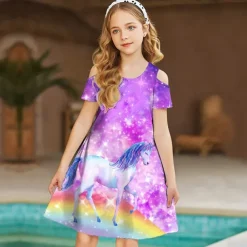 Kids Girls' Dress Graphic Animal Unicorn Short Sleeve Outdoor Casual Hollow Out Fashion Cute Daily Polyester Above Knee Casual Dress A Line Dress Summer Spring 3-12 Years Multicolor Black Pink
