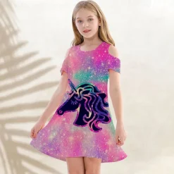 Kids Girls' Dress Graphic Animal Unicorn Short Sleeve Outdoor Casual Hollow Out Fashion Cute Daily Polyester Above Knee Casual Dress A Line Dress Summer Spring 3-12 Years Multicolor Black Pink