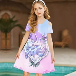 Kids Girls' Dress Graphic Animal Unicorn Short Sleeve Outdoor Casual Hollow Out Fashion Cute Daily Polyester Above Knee Casual Dress A Line Dress Summer Spring 3-12 Years Multicolor Black Pink