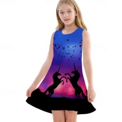 Kids Girls' Dress Graphic Unicorn Gradient Sleeveless Outdoor Casual Fashion Cute Daily Polyester Above Knee Casual Dress A Line Dress Tank Dress Summer Spring 3-12 Years Multicolor Black White