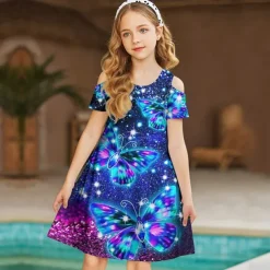 Kids Girls' Dress Graphic Butterfly Short Sleeve Outdoor Casual Hollow Out Fashion Cute Daily Polyester Above Knee Casual Dress A Line Dress Summer Spring 3-12 Years Wine Blue Purple
