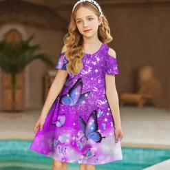 Kids Girls' Dress Graphic Butterfly Short Sleeve Outdoor Casual Hollow Out Fashion Cute Daily Polyester Above Knee Casual Dress A Line Dress Summer Spring 3-12 Years Wine Blue Purple