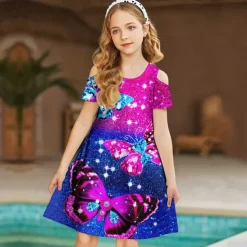 Kids Girls' Dress Graphic Butterfly Short Sleeve Outdoor Casual Hollow Out Fashion Cute Daily Polyester Above Knee Casual Dress A Line Dress Summer Spring 3-12 Years Wine Blue Purple