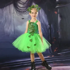 Kids Girls' Dress Party Dress Leaf Witch costume kids halloween custome Sleeveless Performance Special Occasion Mesh Elegant Fashion Beautiful Polyester Knee-length Party Dress Swing Dress Tulle Dress