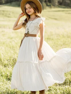 Kids Girls' Dress Solid Colored Short Sleeve Daily Holiday Lace Ruched Princess Sweet Cotton Maxi A Line Dress Summer 4-13 Years White Champagne Wine