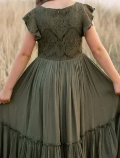 Kids Girls' Dress Solid Colored Short Sleeve Daily Holiday Lace Ruched Princess Sweet Cotton Maxi A Line Dress Summer 4-13 Years White Champagne Wine