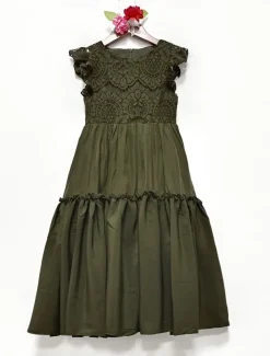 Kids Girls' Dress Solid Colored Short Sleeve Daily Holiday Lace Ruched Princess Sweet Cotton Maxi A Line Dress Summer 4-13 Years White Champagne Wine