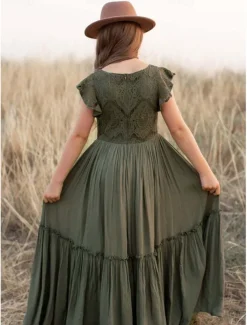 Kids Girls' Dress Solid Colored Short Sleeve Daily Holiday Lace Ruched Princess Sweet Cotton Maxi A Line Dress Summer 4-13 Years White Champagne Wine