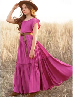 Kids Girls' Dress Solid Colored Short Sleeve Daily Holiday Lace Ruched Princess Sweet Cotton Maxi A Line Dress Summer 4-13 Years White Champagne Wine