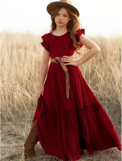 Kids Girls' Dress Solid Colored Short Sleeve Daily Holiday Lace Ruched Princess Sweet Cotton Maxi A Line Dress Summer 4-13 Years White Champagne Wine