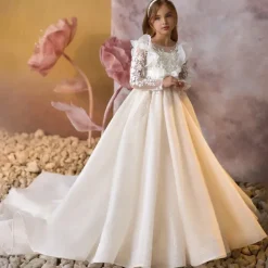 Kids Girls' First Communion Dress Party Dress Solid Color Sleeveless Long Sleeve Performance Wedding Party Mesh Princess Sweet Mesh Mid-Calf Sheath Dress Tulle Dress Summer Spring Fall kids Ivory