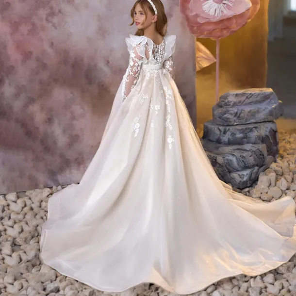 Kids Girls' First Communion Dress Party Dress Solid Color Sleeveless Long Sleeve Performance Wedding Party Mesh Princess Sweet Mesh Mid-Calf Sheath Dress Tulle Dress Summer Spring Fall kids Ivory