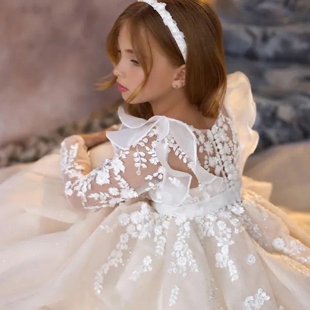 Kids Girls' First Communion Dress Party Dress Solid Color Sleeveless Long Sleeve Performance Wedding Party Mesh Princess Sweet Mesh Mid-Calf Sheath Dress Tulle Dress Summer Spring Fall kids Ivory