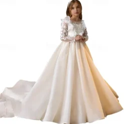 Kids Girls' First Communion Dress Party Dress Solid Color Sleeveless Long Sleeve Performance Wedding Party Mesh Princess Sweet Mesh Mid-Calf Sheath Dress Tulle Dress Summer Spring Fall kids Ivory