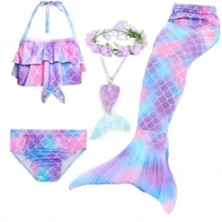 Kids Girls' Five Piece Mermaid Swimwear Swimwear Bikini Beach Swimming Rainbow Tie Dye Cute Bathing Suits 3-10 Years Summer Light Blue Colorful