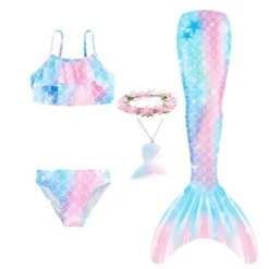 Kids Girls' Five Piece Mermaid Swimwear Swimwear Bikini Beach Swimming Rainbow Tie Dye Cute Bathing Suits 3-10 Years Summer Light Blue Colorful