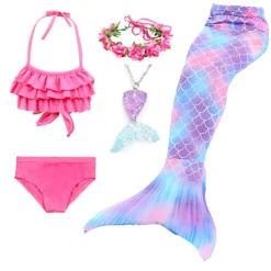 Kids Girls' Five Piece Mermaid Swimwear Swimwear Bikini Beach Swimming Rainbow Tie Dye Cute Bathing Suits 3-10 Years Summer Light Blue Colorful